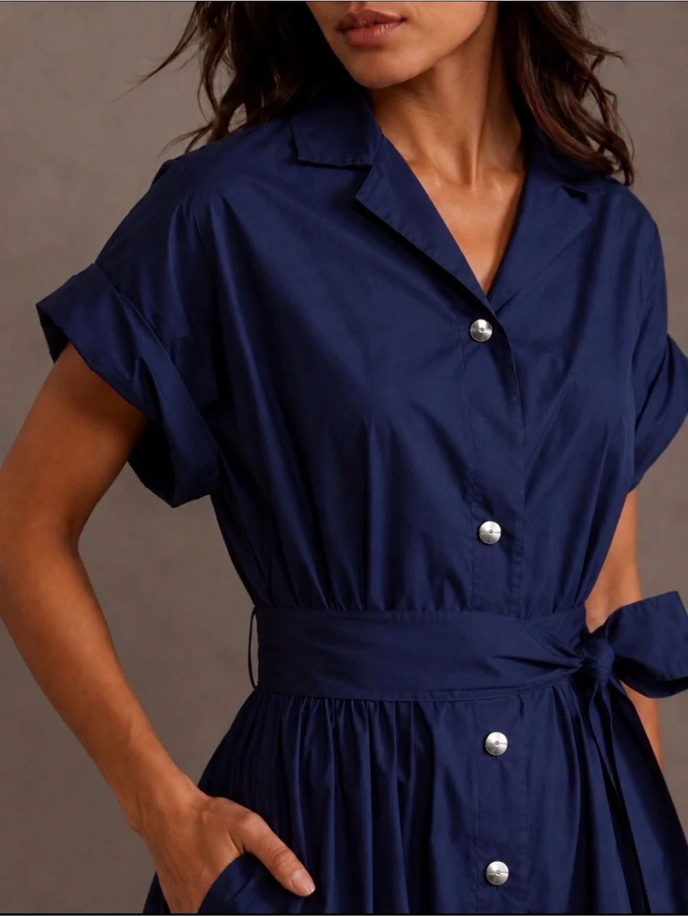 Anthropologie EN SAISON Avery Navy Belted Button Front Midi Dress XS - Picture 3 of 10